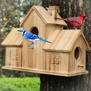 STARSWR Bird Houses for Outside,Outdoor 3 Hole Bird House Room for 3 Bird Families Bluebird Finch Cardinals Wooden Hanging Birdhouse for Garden