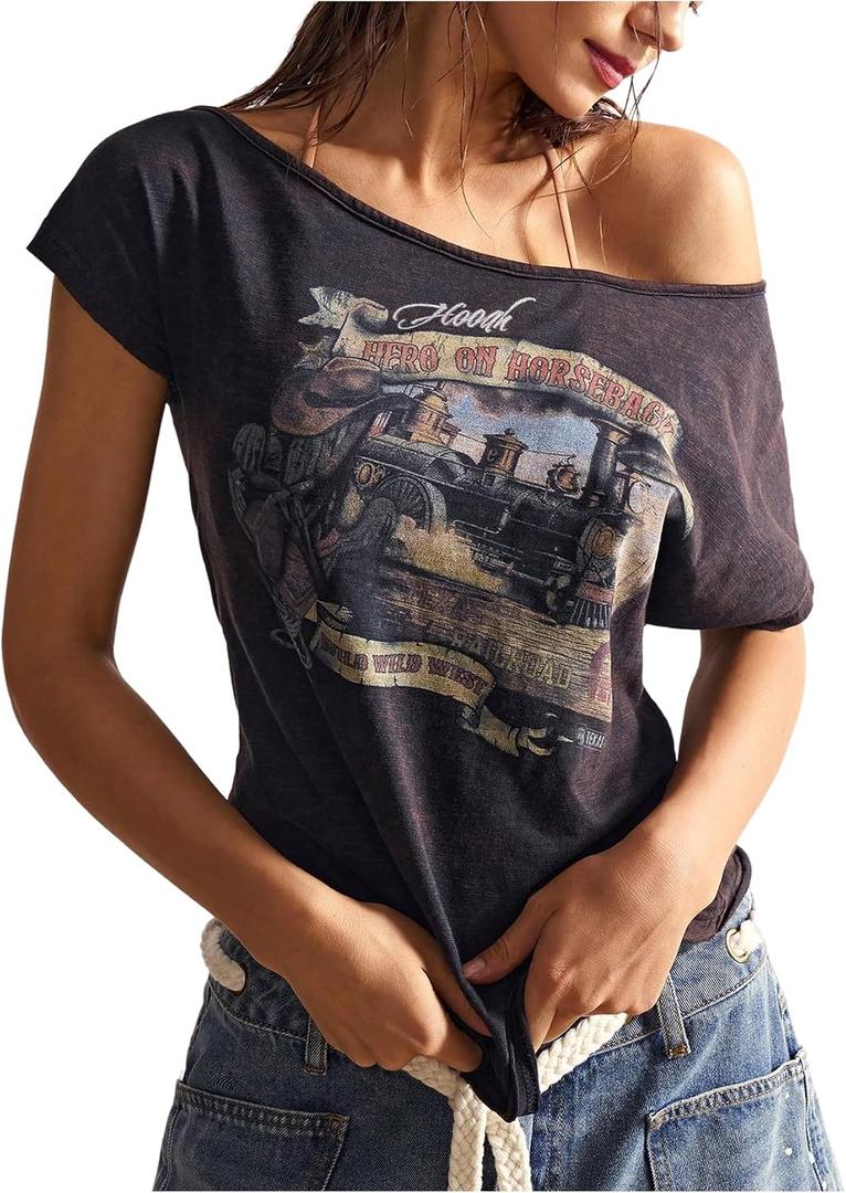 RoseSeek Women's Off The Shoulder Graphic Tees Washed Crop Tops Short Sleeve T Shirts (L)