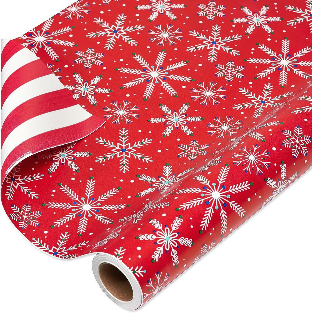 American Greetings 175 sq. ft. Reversible Red Christmas Wrapping Paper, Candy Cane Stripes and Snowflakes (1 Jumbo Roll 30 in. X 70 ft.)