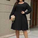Nemidor Womens Plus Size Scooped Neck Long Sleeve Ribbed Midi Swing Dress with Pocket NEM543 (Black)