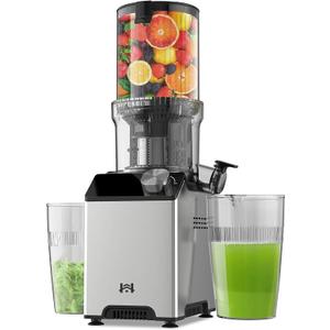 Cold Press Juicer, Juicer Machines with 4.35'' Wide Feed Chute, Stainless Steel Slow Masticating Juicers Easy to Clean, Vegetables & Fruits Juice Extractor, High Juice Yield, Gray Knob