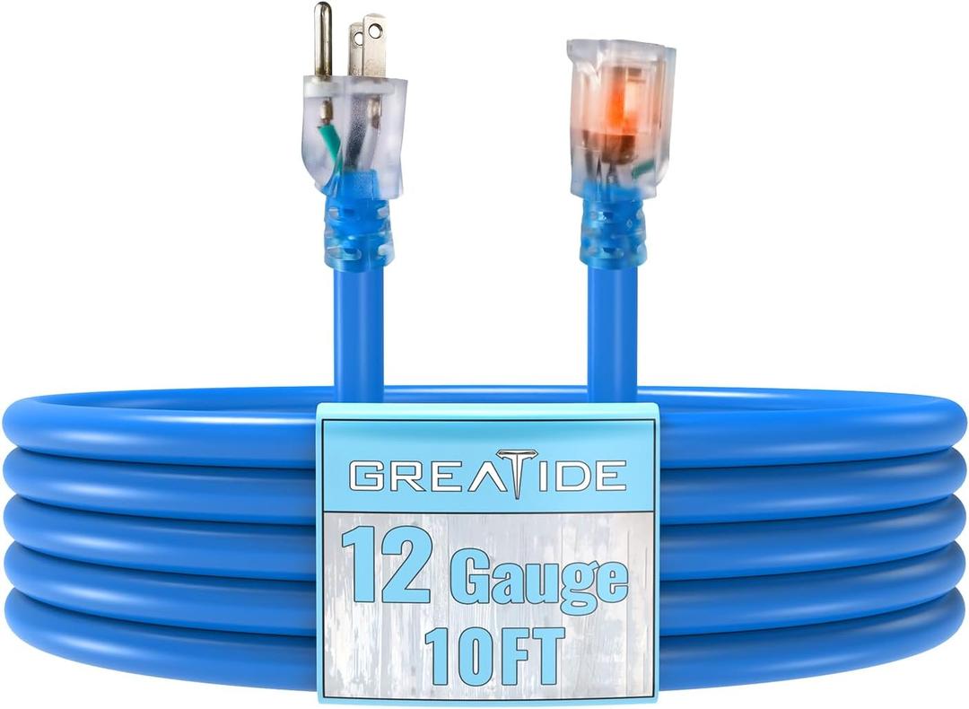 Outdoor Extension Cord with Lighted End, 12 Gauge Heavy Duty 10 FT, 3 Prong Grounded 15 Amp Extension Cord, 12/3 SJTW Waterproof Power Cord for Appliance, UL Listed, Blue