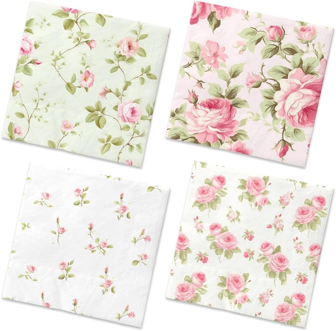 40Pcs Floral Napkins-Spring Disposable Paper Napkins Vintage Rose Floral Decoration One Napkin with 4Patterns for Garden Spring Tea Party