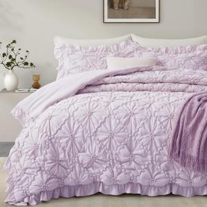 BEDAZZLED Queen Comforter Set, Purple Pinch Pleat Ruffle, 3 Pieces | Soft Microfiber Bedding Set, Pintuck Texture, Farmhouse Shabby Chic Style, Lightweight & Breathable, All Season Comfort