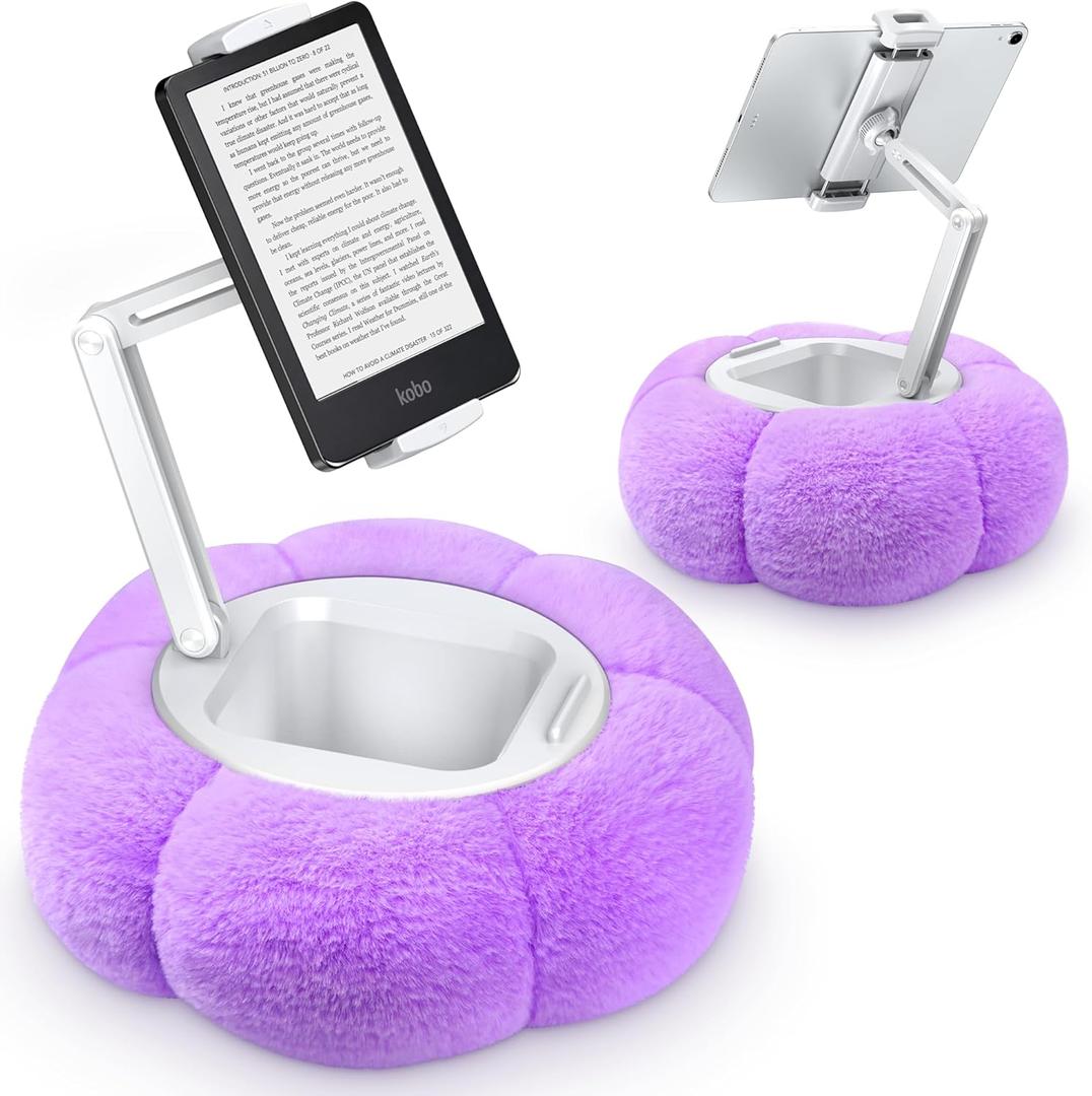 CreaDream Pumpkin Tablet Pillow Stand Holder for Kindle iPad, Adjustable Phone Pillow Stand for Lap Bed with Detachable Snack Bowl, Compatible with 4.7"-13" Tablet, iPad, iPhone, Samsung Tabs, Kindle (Purple)