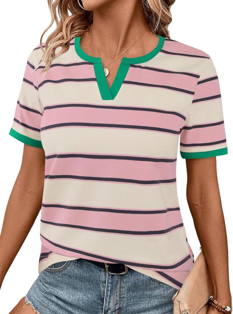 LilyCoco Women's Striped Shirt Short Sleeve Color Block Tops Notched Neck Summer Tee Multicolored Medium