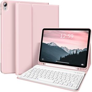 kenke for iPad 11/10th Gen Case with Keyboard 11/10.9 inch 2025 A16/2022, Detachable Wireless Bluetooth Keyboard Case with Left Side Pencil Holder, White Square Keycaps (Pink)