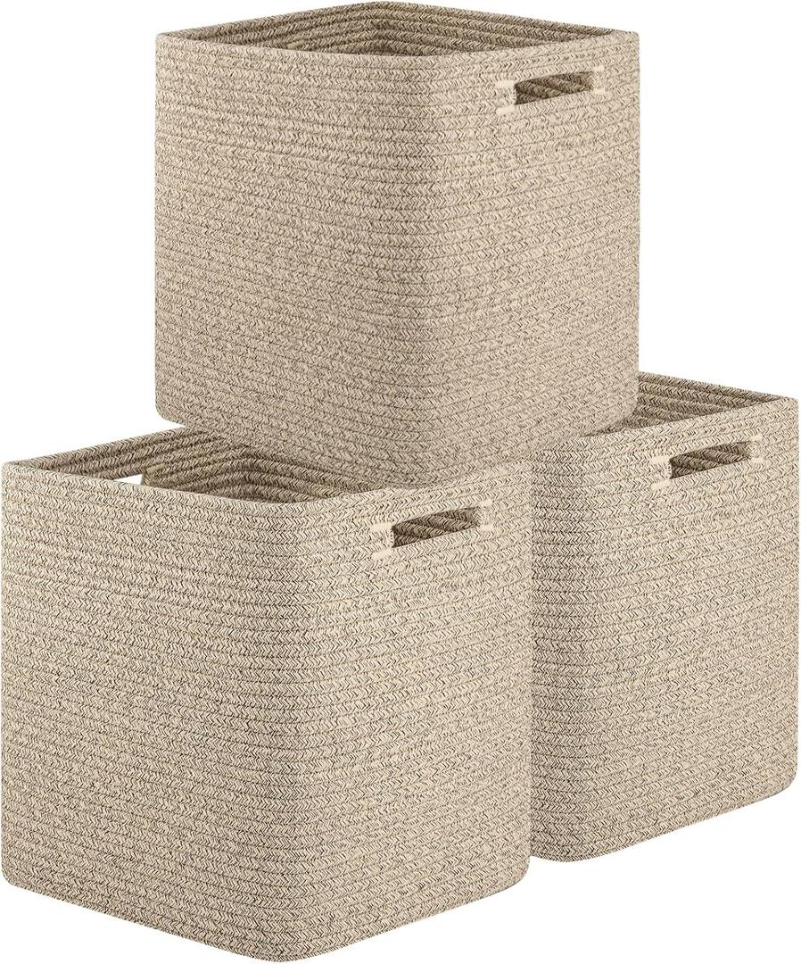 OIAHOMY Storage Cubes, 13 Inch Cube Storage Organizer, Collapsible Storage Bins, Baskets for Organizing, Storage Bins for Shelves-Brown, 3 Pack 
