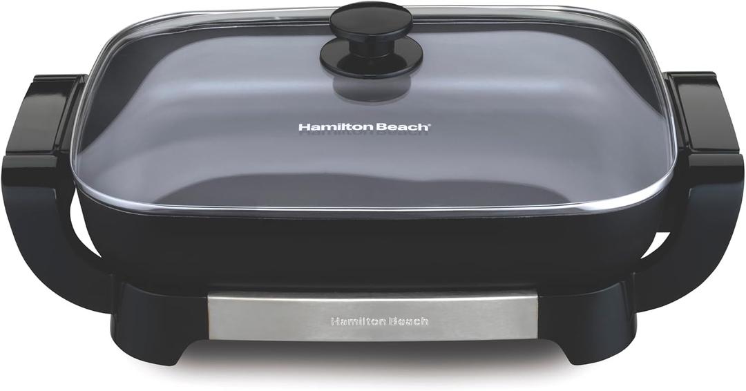 Hamilton Beach Electric Skillet with PFAS-Free Durathon Ceramic Coating, Removable 12x15 Pan, Adjustable Temperature, Reversible Design, Tempered Glass Lid, Black Nonstick Surface (38531)
