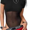 Milumia Women's Sheer Mesh Short Sleeve Bodysuit Crew Neck See Through Fitted Tee Top, Large