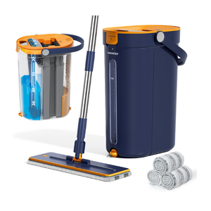 Mop and Bucket Set with Wringer, 3-Tank Flat Mop and Bucket System, Wall Mop Cleaner with Long Handle, Hands Free Mops for Floor Cleaning with 4 Microfiber Pads