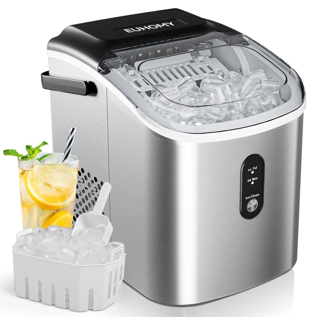 EUHOMY Countertop Ice Maker Machine with Handle, 26.3lbs Per Day, 9 Cubes in 6 Mins, Auto-Cleaning Portable Ice Maker with Basket and Scoop, for Home/Kitchen/Camping/RV (Silver) (26.5lbs/day, Steel Grey Silver)