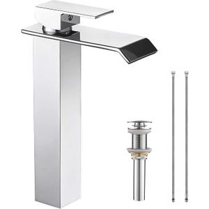 Chrome Bathroom Vessel Faucet Waterfall One Hole Bowl of Sink Faucet Tall Single Handle Bathroom Faucets with Drain Assembly Modern Vanity Lavatory Deck Mount Supply Lines Hose