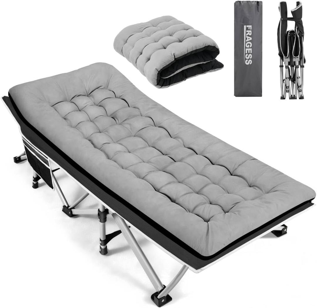 Fragess Portable Camping Cot, Sleeping Cots for Adults, 28" Extra Wide Folding Cot Max Load 600LBS with Thick Mattress, Portable Camping Bed for Outdoor Camp/Office, Home Nap (Black+Grey)