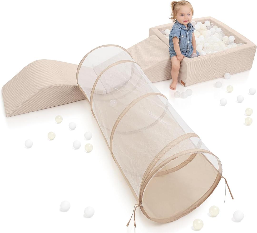 Fun Climbing Toy Set for Toddlers Aged 1-3 - Incl. Crawl Through Tunnel, Large Ball Pit & Climbing Blocks for Unlimited Indoor Fun - Perfect Foam Play Gym for Baby/Kids to Safely Learn New Skills (Beige)