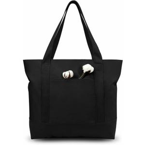 TOPDesign 1-Pack Canvas Tote Bag with an External Pocket, Reusable Grocery Shopping Bag, Top Zipper Closure, Daily Essentials (Black)