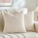 Fancy Homi Set of 2 Cream Boho Neutral Decorative Throw Pillow Covers 18x18 Inch for Couch Bed Sofa, Aesthetic Modern Farmhouse Home Decor, Soft Fluffy Corduroy Beige Cute Cushion Case 45 cm