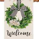 Hexagram Summer Welcome House Flag 28x40 Inch Double Sided Outside, Vertical Burlap Yard Flags for Outside Buffalo Plaid Bow Porch Summer Spring Outdoor Decor, Large Garden Flags