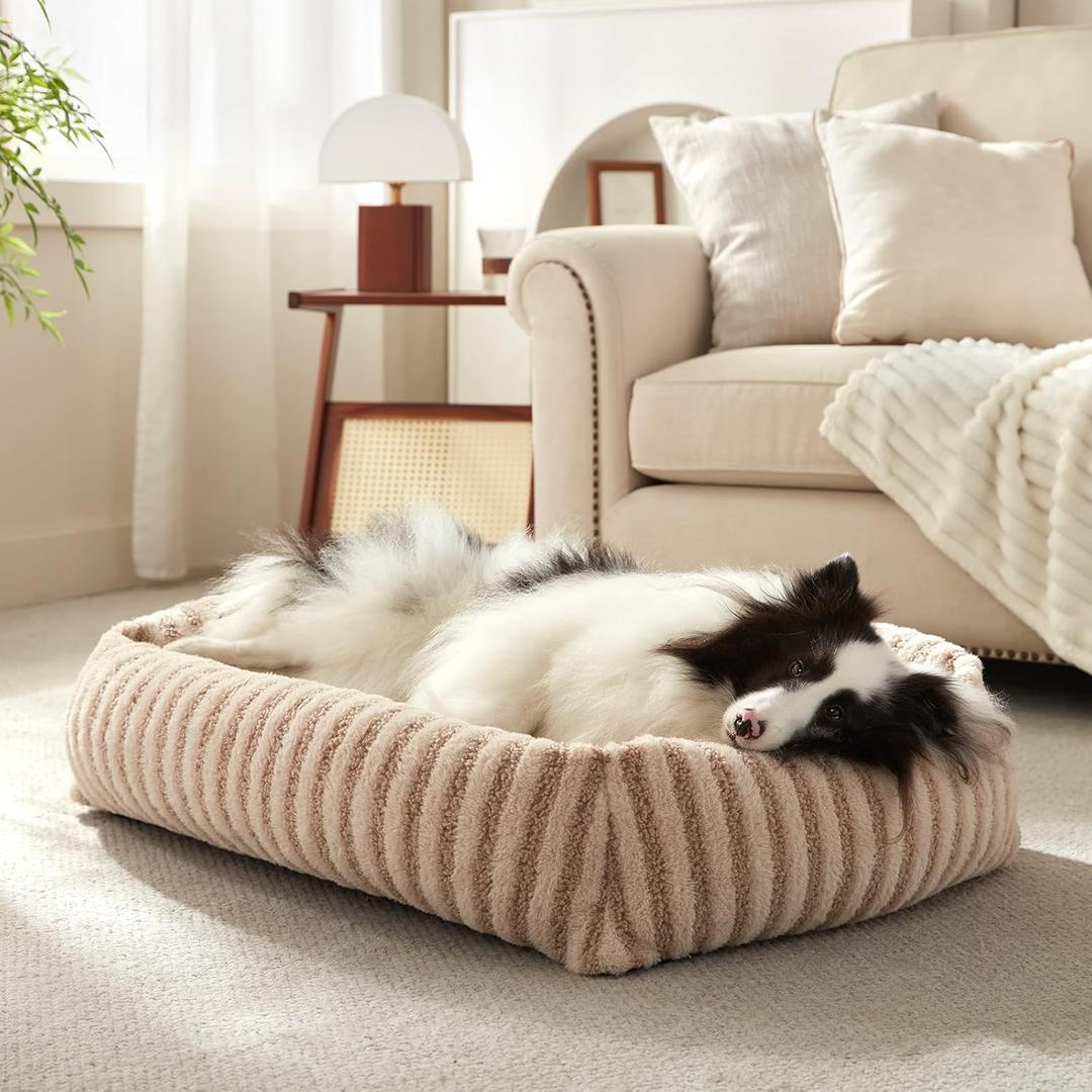 MIXJOY Dog Beds Large Sized Dogs, Washable Dog Bed with Removable Cover, Soft Rectangle Dogs Ded Fluffy Plush Faux Fur Pet Bed with Anti-Slip Bottom, 36"x27"x8", Beige