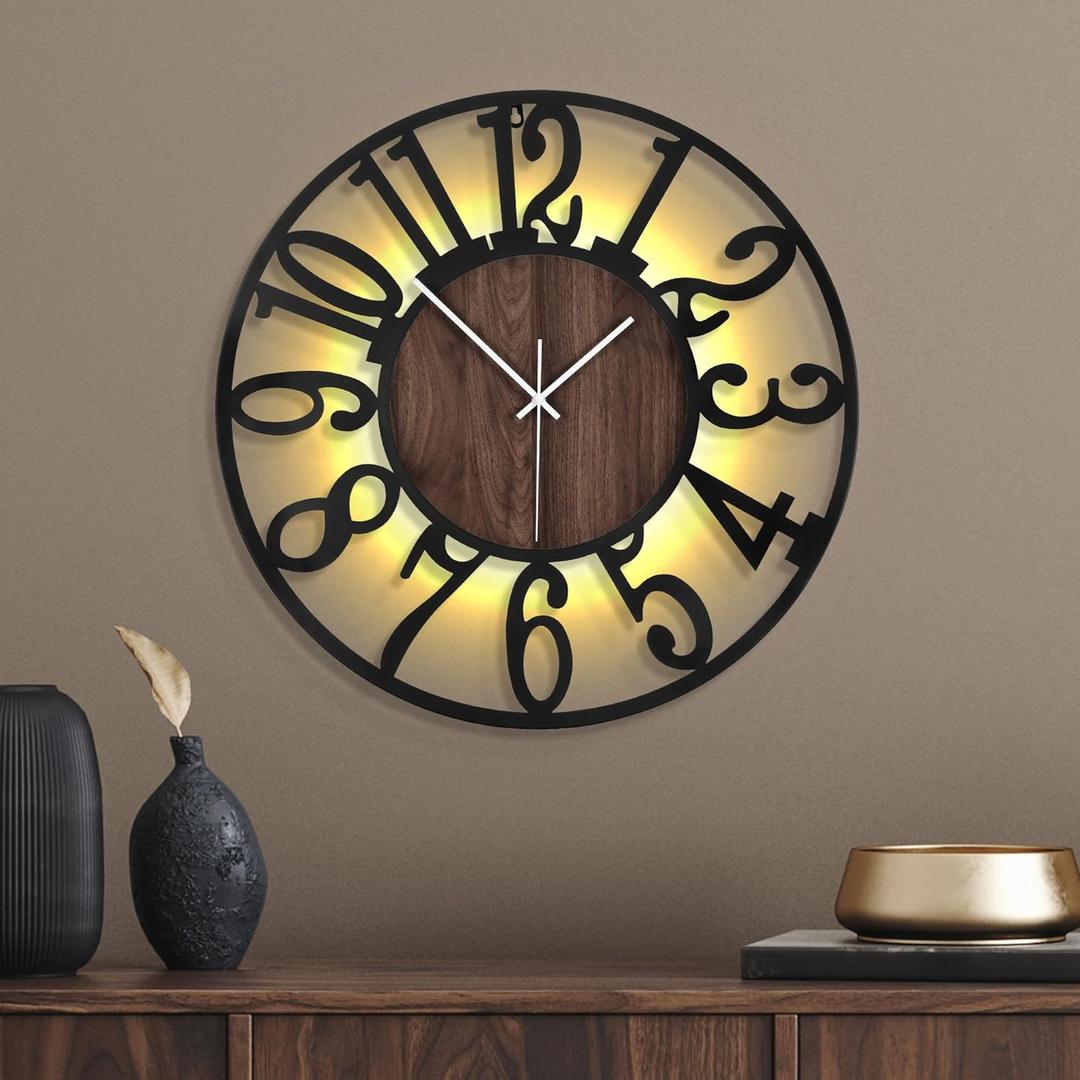 20 Inch Large Metal Wall Clock with Voice and Light Sensor Night Light, Glow in The Dark Non-Ticking Silent Battery Operated Decorative Oversized Wall Clock for Bedroom Living Room Decor (Dark Brown - Arabic Numbers)