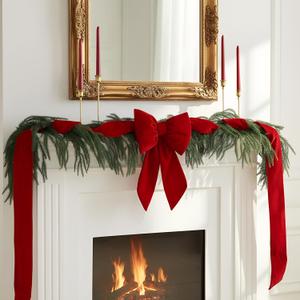 6ft Artificial Norfolk Pine Garland Christmas Cedar Garland with Large Red Velvet Bow and Ribbon Faux Greenery Christmas Decor for Home Mantle Fireplace Table