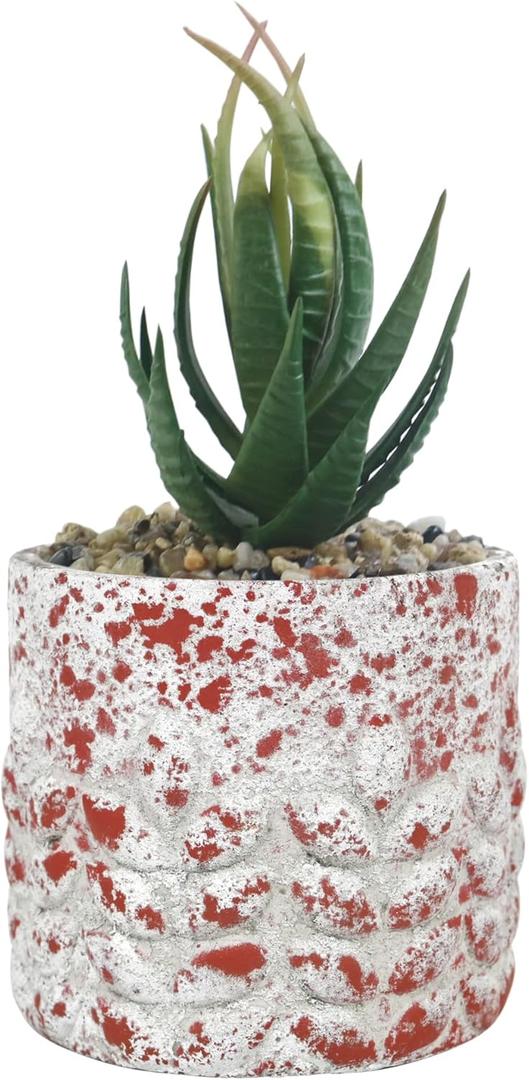 Rustic Cement Plant Pot, 4.53" Succulent Planters for Outdoor Plants, Cylinder Round Flower Pot for Succulent/Herbs/Violets, Wave Texture Design, Garden Balcony Decor, No Drainage Hole  White / Red 