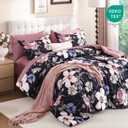 Luxudecor Queen Comforter Set 7 Pieces Bedding Sets,Black Pink Floral Comforter and Sheet Set,Soft Microfiber Bed in a Bag for All Seasons (Black Pink,90"x90")
