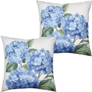 Blue Hydrangea Pillow Covers 16x16 Set of 2 Spring Summer Decorative Pillow Covers Flower Throw Pillow Case Square Cotton Linen Cushion Case for Outdoor Living Room Couch Sofa