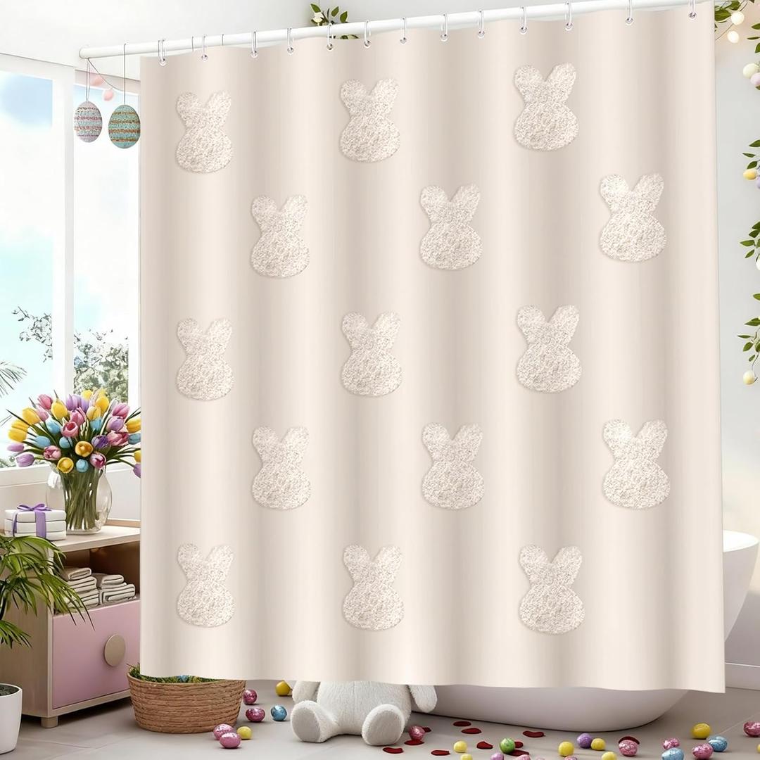 Easter Shower Curtain, 3D Tufted Bunny Embroidery Easter Spring Shower Curtain for Bathroom Waterproof Fabric with 12 Hooks Rustic Rabbit Jacquard Bathroom Decorations 72 X72 Inch (Beige)
