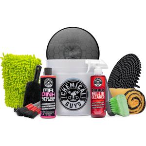 Chemical Guys Car Washing Kit - Mr. Pink Car Wash Soap, Diablo Wheel Cleaner, Wash Bucket with Dirt Trap and Lid, Wash Mitt, Detailing Brushes, Microfiber Towel, 12-Piece, 2.67 Fl Oz (EXP 12/26/36)