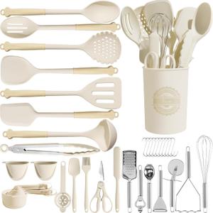 Kikcoin 43Pcs Large Kitchen Utensils Set - Silicone Cooking Utensils Set, Dishwasher Safe Spatula Set for Non-stick Cookware, 446F Heat Resistant Kitchen Utensils Set with Holder BPA Free, Cream
