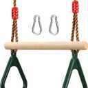 PELLOR Playground Children's Wooden Trapeze Swing Bar with Plastic Gym Rings Swing Set for Indoor & Outdoor Fun (Green)