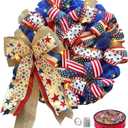 250th Anniversary Patriotic Wreaths for Front Door, 24 Inch Large 4th of July Decorations, Handcrafted Ribbon Burlap Bow, Red White and Blue Memorial Day Wreath with Lights & Storage Bag