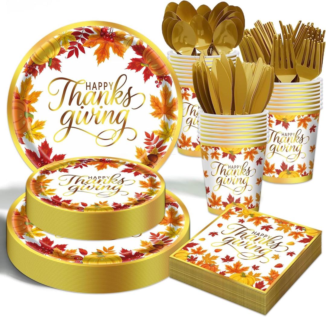 Thanksgiving Fall Party Supplies - 175 PCS Thanksgiving Paper Plates and Napkins Sets Fall Pumpkins Disposable Dinnerware Set for Autumn Harvest Party Supplies Decorations, Serve 25 Guests
