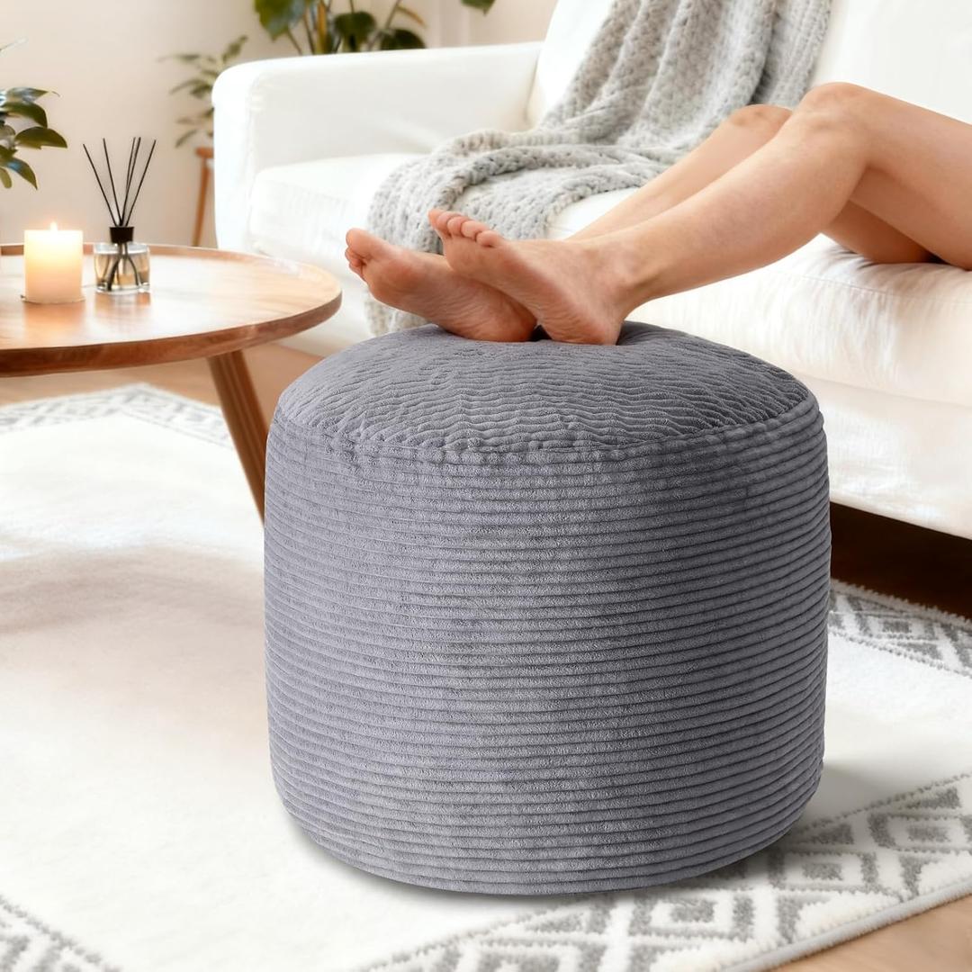 Pouf Ottoman Foot Rest, Comfortable & Soft, Round Footstool for Living Room, Bedroom, Office, Room Decoration, Corduroy Foot Stool Pouf with Odorless & Anti-Clump Filling, Small Dark Grey