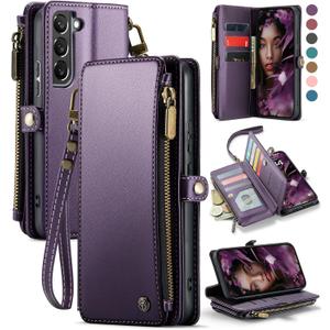 Defencase Compatible with Samsung Galaxy S22 Plus Case Wallet with RFID Blocking Card Holder for Women, PU Leather Magnetic Snap Flip Zipper Strap Phone Case Fit for Galaxy S22 Plus 5G 6.6", Purple