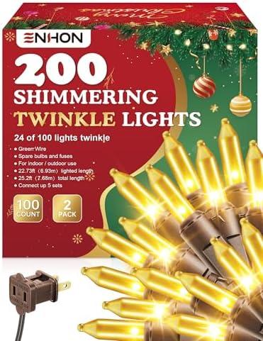 Enhon 2 Pack Twinkle Christmas Lights, Total 50.4FT 48 of 200 Bulbs Twinkle, Waterproof Connectable Random Shimmering Christmas Light, Connect up to 5 Set for Xmas Tree Decor(Gold, Brown Wire)