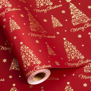 Homeral Red Christmas Wrapping Paper Roll - 3D Embossed Trees and Letters with Gold Foil Metallic Shine Gift Wrap for Christmas, New Year Celebration, Holiday - Mini Roll - 17 Inch x 33 Feet (17in*32.8ft(46.8sqft))