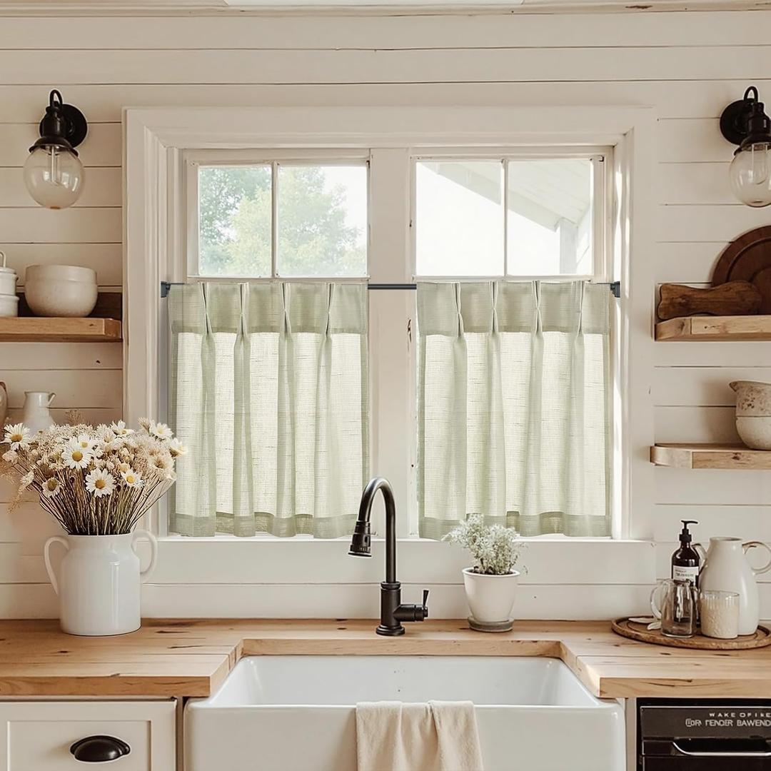 jinchan Linen Pinch Pleated Kitchen Curtains 30 Inch 2 Panels, Natural Linen Tier Curtains Back Tab Farmhouse Cafe, Light Filtering Small Window Drapes for Bathroom Laundry Room Oat