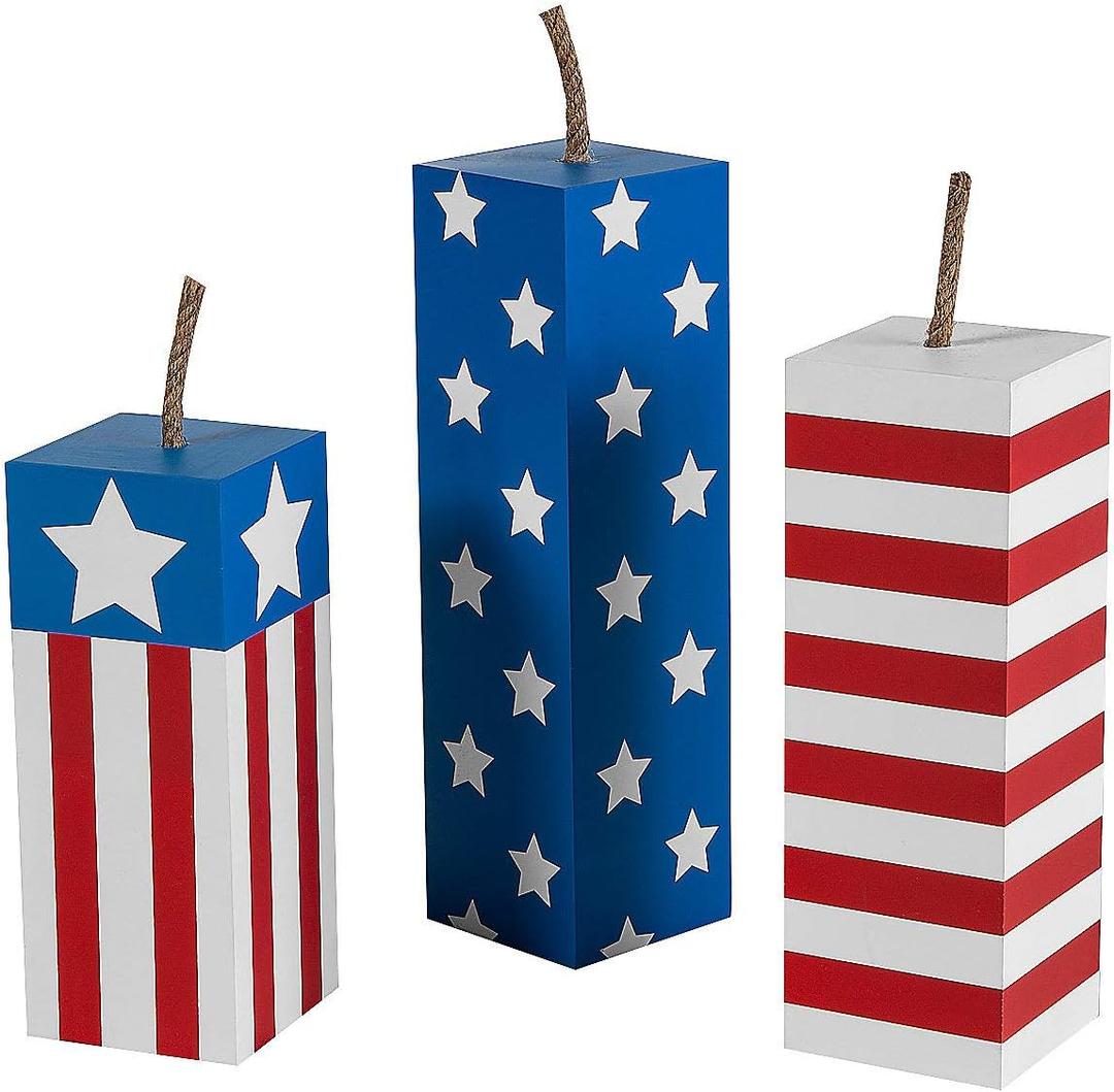 Fun Express Patriotic Fireworks Wooden Blocks - 4th of July Home Decor Red White & Blue Stars - Festive Wooden Blocks for Independence Day & USA Celebrations - Decorative Patriotic Blocks - 3 Pieces