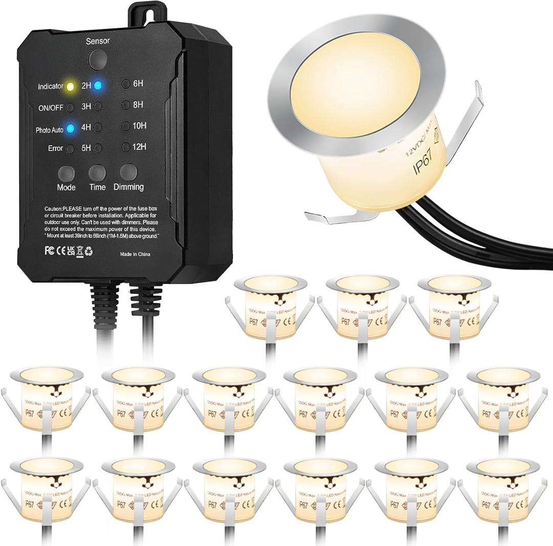 Recessed Deck Stair Lighting with Timer Photocell Sensor Transformer, Dimmable, Low Voltage LED Step Riser Lights IP67 Waterproof 1.26 12V Warm White Patio Kit Decorations, 16 Pack