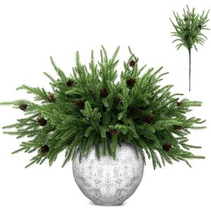 10 Pcs 18" Real Touch Norfolk Pine Stems Branches with Pine Cone Norfolk Pine Artificial Christmas Branches DIY Crafts Faux Christmas Norfolk Pine Branches for Xmas Indoor Outdoor Home Decor