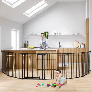 COMOMY 150" Extra Wide Baby Gate with Door, Dog Gates for The House Doorways Fireplace, Auto Close Baby Fence Play Area, Walk Through Pet Gate, Hardware Mounted, 6-Panels (30" Tall, Black)