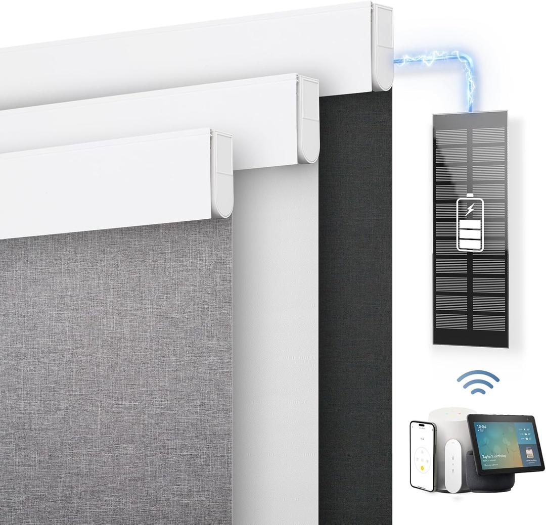 DENFOON Motorized Blinds with Remote control, Custom Blackout Smart Blinds [with Cover],Electric Blinds with Complimentary Solar Panel, Cordless Automatic Roller Shades for Windows (White18"W x 72"H) (18"W x 72"H, A-white (Solar Panels Charging))
