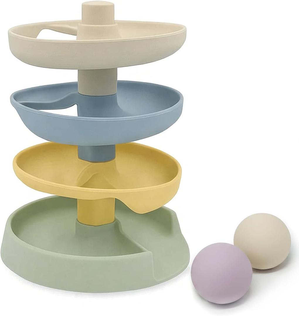 Little Rawr Silicone Ball Drop Tower Toy for Toddlers, 4-Tier Rolling Ramp Track with Wooden Balls, Soft Food-Grade Silicone Montessori Toy for Early Learning, Fine Motor Skill Development, Ages 13