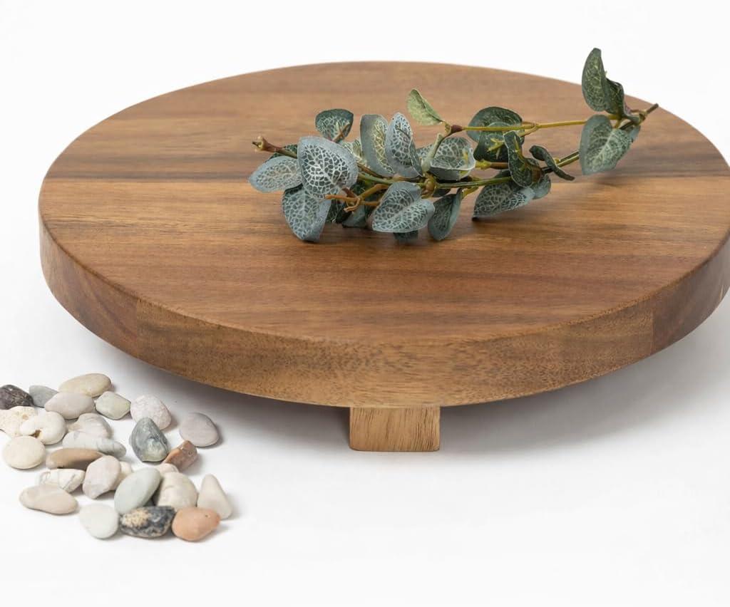 Kurrajong Farmhouse footed wooden tray | wood pedestal stand | 10" wide and 2" high round riser board | acacia wood pedestal board | plant holder