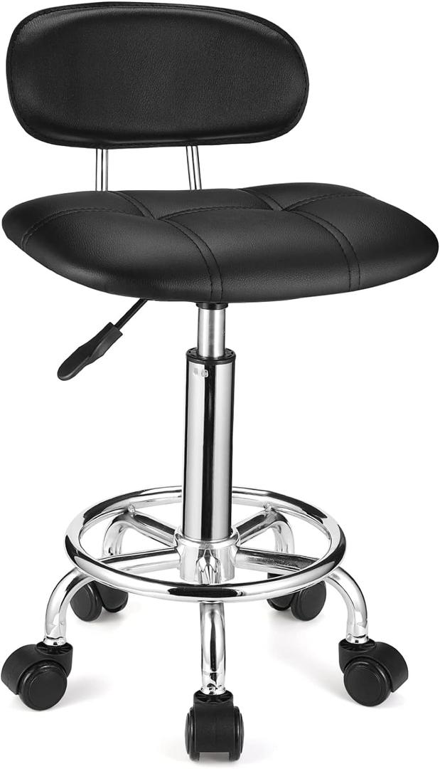 Square Rolling Stools with Backrest Height Adjustable Swivel Stool with Wheels Black