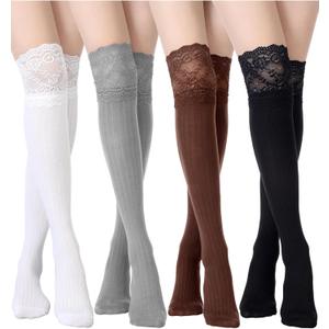Fourluoo 4 Pairs Women's Lace Socks Long Knee High Socks Kawaii Lace Top Lolita Boot Stockings (Black, White, Coffee, Gray), One Size