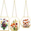 BABUFINE 3 Pcs Pressed Flower Frames with Tweezers, Double Glass Wall Hanging for Pressed Flowers, Brass Picture Frames with Metal Chain for Dried Flowers Plants Artwork Display,Only Frame