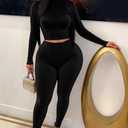 CLOCOR 2 Piece Outfits for Women Bodycon Long Sleeve High Neck Tracksuit Lounge Velour Legging Pants Jogger Set (Large, Black)